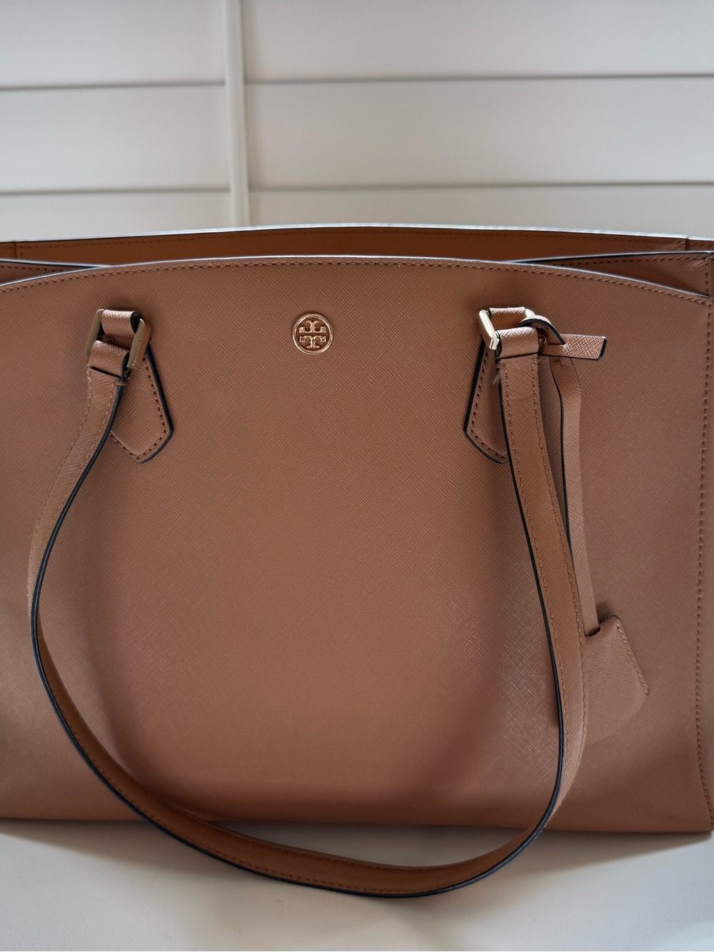 Tory Burch Cognac Saffiano Leather Tote with Logo Accent
